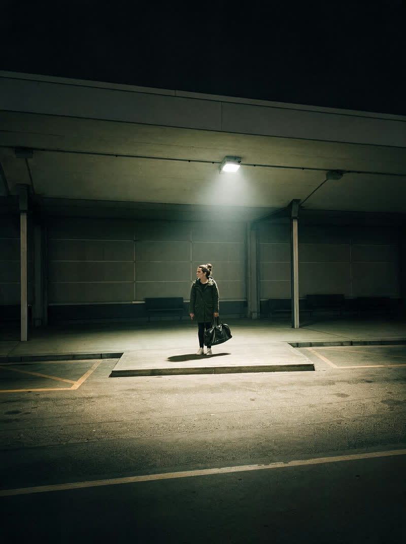 a traveller in a bus station at night — the fluorescent now a defined pool of light