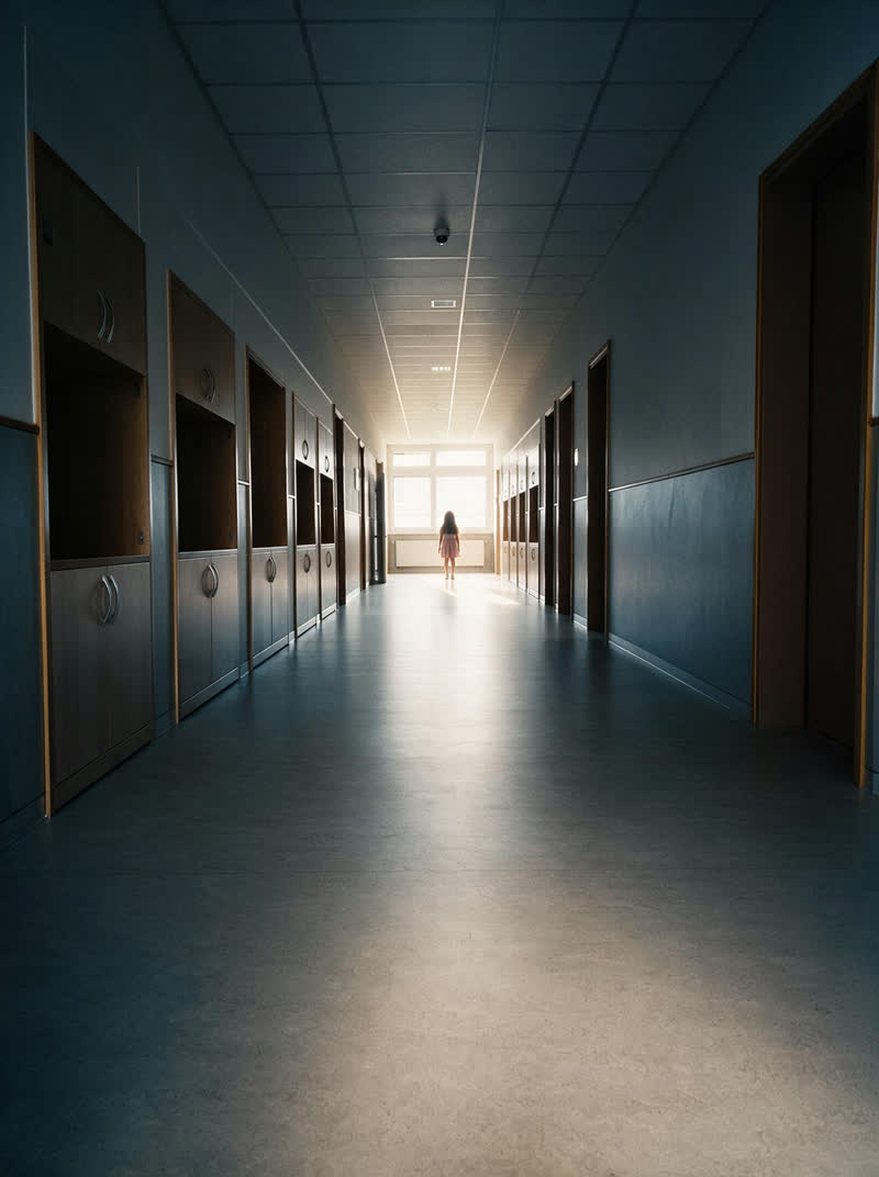 the same corridor — light floods from the end window