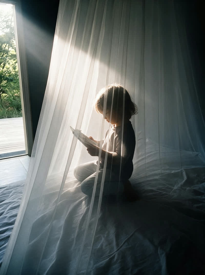 the same photo, finished — daylight rakes across the net