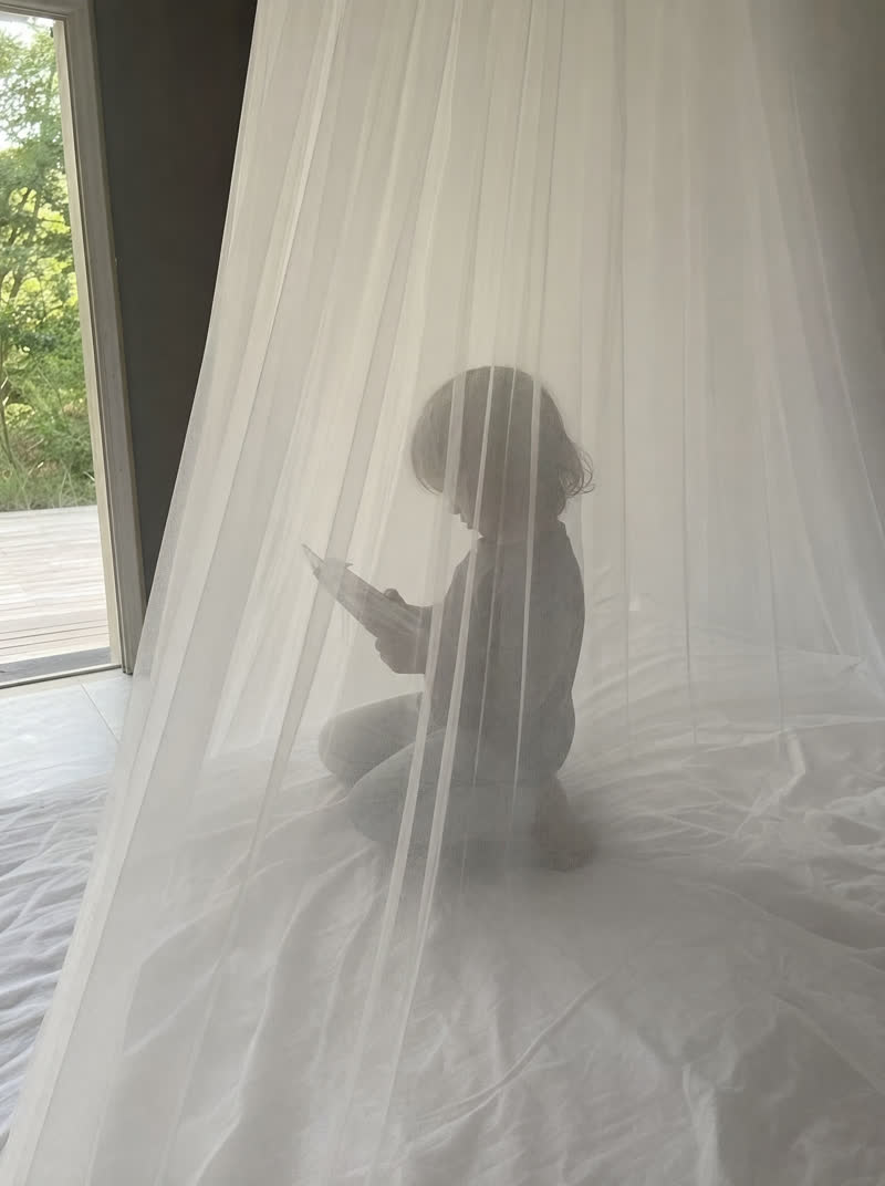 a child seen through a mosquito net — as shot