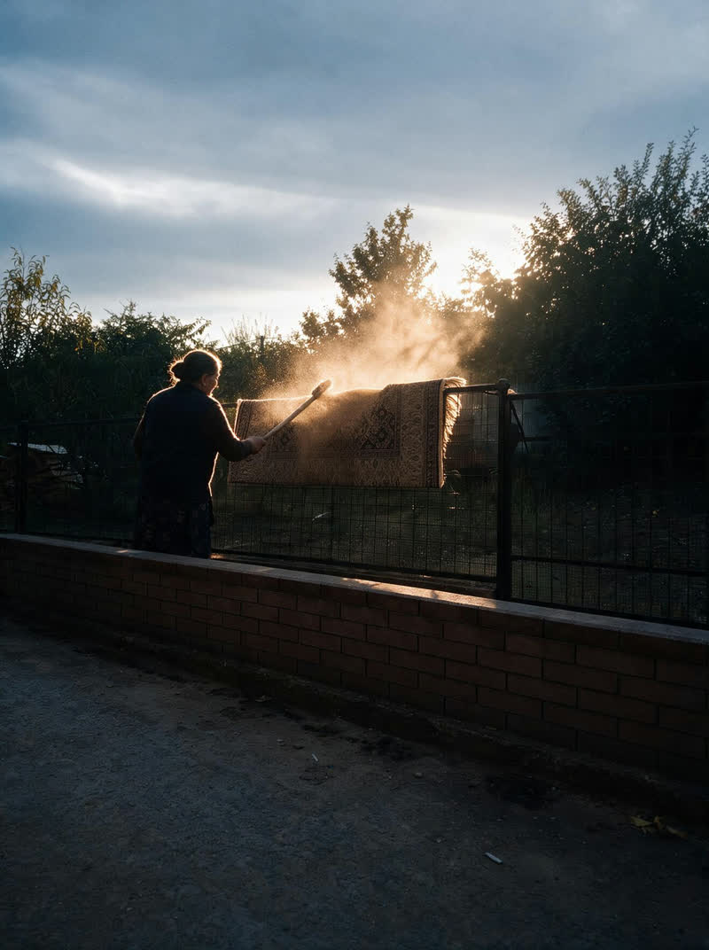 the same moment — the dusk sun a true backlight, the dust glowing