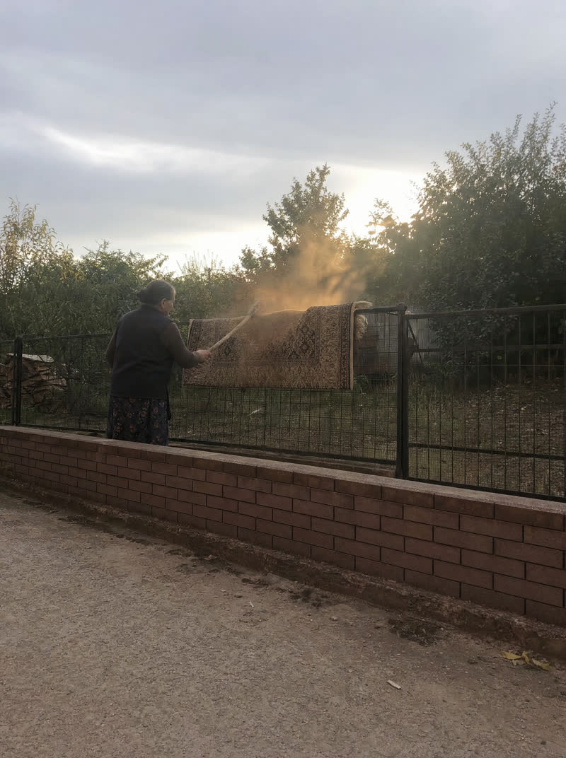 a woman beating a rug at dusk — as shot