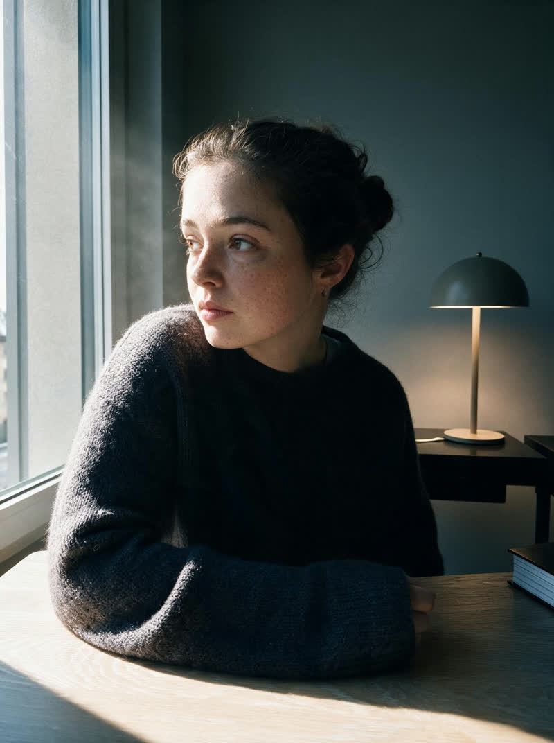 a woman at a table by the window — the light now a beam shaping her face